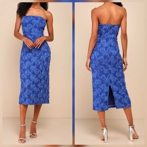 Lulus Flawless Perfection Blue Floral Applique Strapless Midi Dress, Size Small